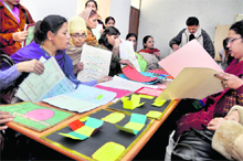 Teachers make flash cards so that mathematics becomes more interesting for students at GSSS, Gobind Nagar, Ludhiana.