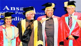 (L-R) Leader of Opposition in Lok Sabha Sushma Swaraj, Vice-President and Panjab University Chancellor M Hamid Ansari, former Lok Sabha Speaker Somnath Chatterjee and Jammu and Kashmir Governor NN Vohra at the 61st annual convocation of Panjab University in Chandigarh on Friday
