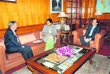Minister of State for External Affairs Preneet Kaur during a meeting with Dennis Richardson, Secretary of Australias Department of Foreign Affairs and Trade in New Delhi