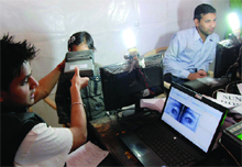 The retina scan of an applicant being done for the UID card at the Dharamshala centre in Bathinda on Saturday. 