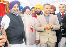 (Left) Deputy Chief Minister Sukhbir Singh Badal with mediapersons at Mullanpur village in Mohali