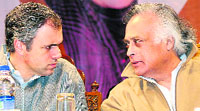 Chief Minister Omar Abdullah and Union Rural Development Minister Jairam Ramesh at a function to launch the Centrally-sponsored programme Himayat at the University of Kashmir in Srinagar on Saturday