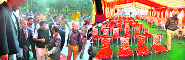 (From Left) Deputy Chief Minister Sukhbir Singh Badal, who went to attend a function at a church in Sarabha Nagar, was greeted by empty chairs.