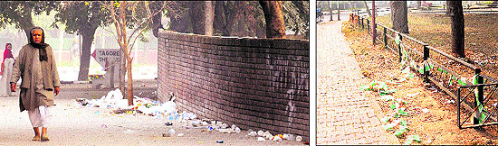 Disposable glasses and plates dumped at the entry to Government Model Senior Secondary School at Sector 18 in Chandigarh