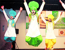 Teachers perform bhangra at SANIDHYA, a yearly meet of the faculties and administrative staff, at Lovely Proffesional University in Phagwara on Sunday