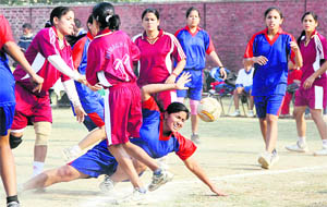 A handball match in progress between Himachal Pradesh and Jammu and Kashmir teams during the 37th National Sports Festival for Women, organised by the Punjab Sports Department, in Jalandhar on Sunday
