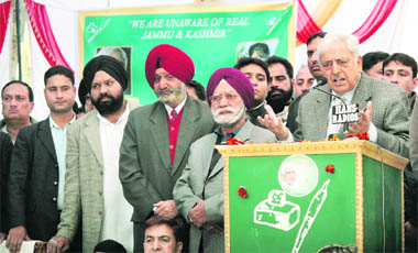 PDP patron Mufti Mohammad Sayeed speaks at a rally in Jammu on Sunday