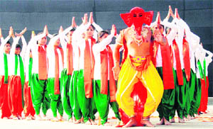Students present a cultural item during the Annual Day of KC Public School in Jammu on Sunday.