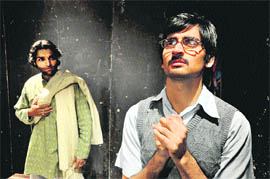 A scene from the play Diary Ke Panne presented at Natrang Studio Theatre in Jammu on Sunday.