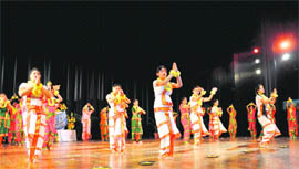 Students of DBN School perform a stage show during the annual day function at Zorawar Singh Auditorium in the University of Jammu on Sunday. 
