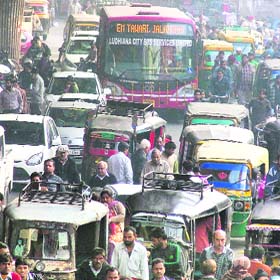 A newly launched bus caught in a traffic jam in Ludhiana