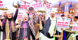 BSP workers raise pro-Mayawati slogans during a rally in Lucknow on Sunday.