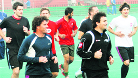 World XI team warm up during a practice session at Sports Complex in Sector 42, Chandigarh.