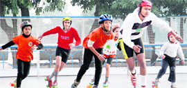 Students during the 17th Panchkula District Roller Skating Championship organised at Bhavan Vidyalaya School, Sector 15, Chandigarh, on Monday.