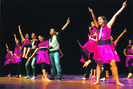 Students of Shiamak Dawar Dance Academy peform at Tagore Theatre in Chandigarh on Monday.