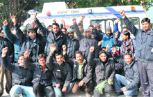 EMRI-108 ambulance field employees during their indefinite strike in Haridwar on Monday.