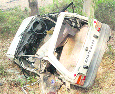 The car that collided against a tree killing three persons  near Sikandarpur in Sirsa on Monday.