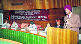 Lt Gen Dr DDS Sandhu, Vice-Chancellor, Kurukshetra University, speaks at the inaugural session of a refresher course in Kurukshetra.