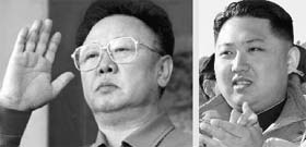 North Korean leader Kim Jong-Il (left) who died on Monday and his youngest son Kim Jong-Un, who was named by the official news agency as the "great successor" to his father