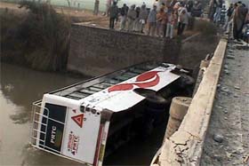 A Bathinda-bound PRTC bus fell into the drain near Mudki in Ferozepur