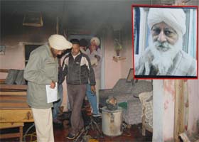 Policemen inspect the spot where the fire tragedy took place and the deceased Gopal Singh (inset)