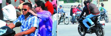 (Left) In this file photo, a man is seen speaking on the mobile phone while driving a two-wheeler whereas youngsters (right) vroom across a road without helmets