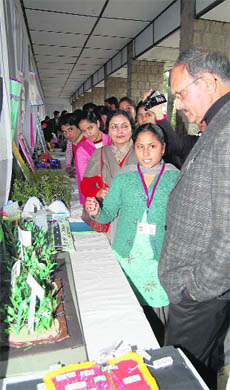 Students of Government College, Dharamsala, present their models at a science exhibition on Tuesday. 