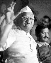 Social activist Anna Hazare with Arvind Kejriwal at a press conference in Ralegan Siddhi on Tuesday.