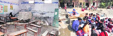 Students of Government Primary School, Ambadkar Nagar, study in the open while their classroom doubles up for a godown for cement bags on benches in their classroom