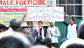 Students perform a skit to make students aware of female foeticide in Ludhiana on Tuesday
