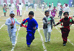 Students of St Xaviers take part in a race on the annual sports day of the school in Bathinda on Wednesday