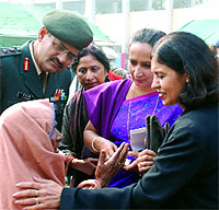 Anshul Chachra, regional president AWWA, Chetak Corps, interacts with a Veer Nari at the Bathinda military station on Wednesday