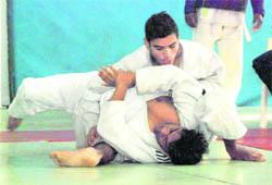Judokas in action during the Chandigarh Senior State Judo Championship at Sports Complex, Sector 42, Chandigarh, on Wednesday. 