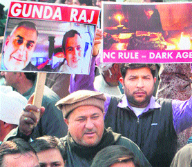 PDP workers protest against the government near the DC office in Jammu on Wednesday. 