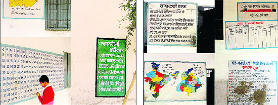 Slogans, posters, maps and other details displayed on the walls of a school
