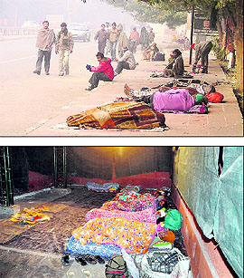 Homeless sleep on a footpath near Guru Nanak Stadium in Ludhiana