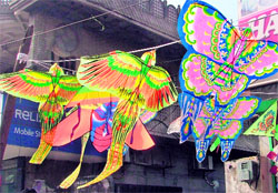 Chinese kites made of cloth on display at a market in Ludhiana