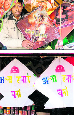  Kites with Bollywood, Bhojpuri stars are quite popular amongst children. Kites carrying message of in support for activist Anna Hazare