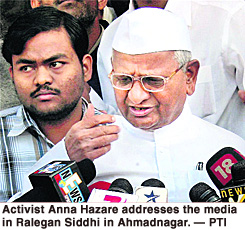 Activist Anna Hazare addresses the media in Ralegan Siddhi in Ahmadnagar.