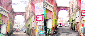 (Left) A view of a demolished arch at Serai Sant Ram; and (right) the road laid inside the serai in Amritsar.