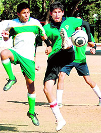Players in action during the Seven-a-Side Football Tournament in Chandigarh on Thursday