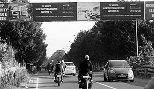 The signage that has not been removed at a road near the PCA Stadium in Phase IX of Mohali