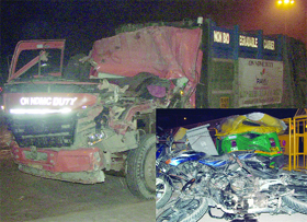 The mangled remains of the vehicles involved in the accident. 