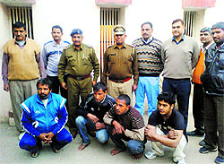 Arrested members of the Bulla gang at Sadar police station, Bahadurgarh, in Jhajjar district