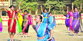 Students perform a dance during the annual day celebrations of Maharaja Harisingh Agricultural Collegiate School in Jammu on Thursday.