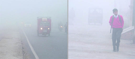 Motorists had to switch on fog lights to make their way in dense fog; and (right) a school boy braves the chill on way to his school in Ludhiana on Thursday.