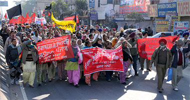 Members of the Class IV Government Employees Union raise slogans against the state government while carrying out a protest march in Bathinda on Friday.