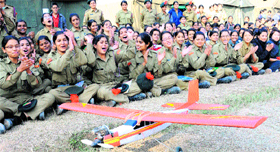 NCC cadets attend an aeromodelling show organised during an annual training camp in Chandigarh, on Friday.
