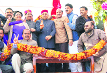 Chief Minister Prem Kumar Dhumal and other leaders at a BJP rally held near the Vidhan Sabha in Dharamsala on Friday. 