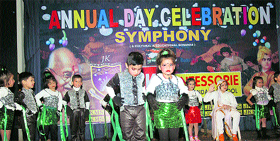 Students of JK Montessorie School perform during the annual day celebrations in Jammu on Friday.